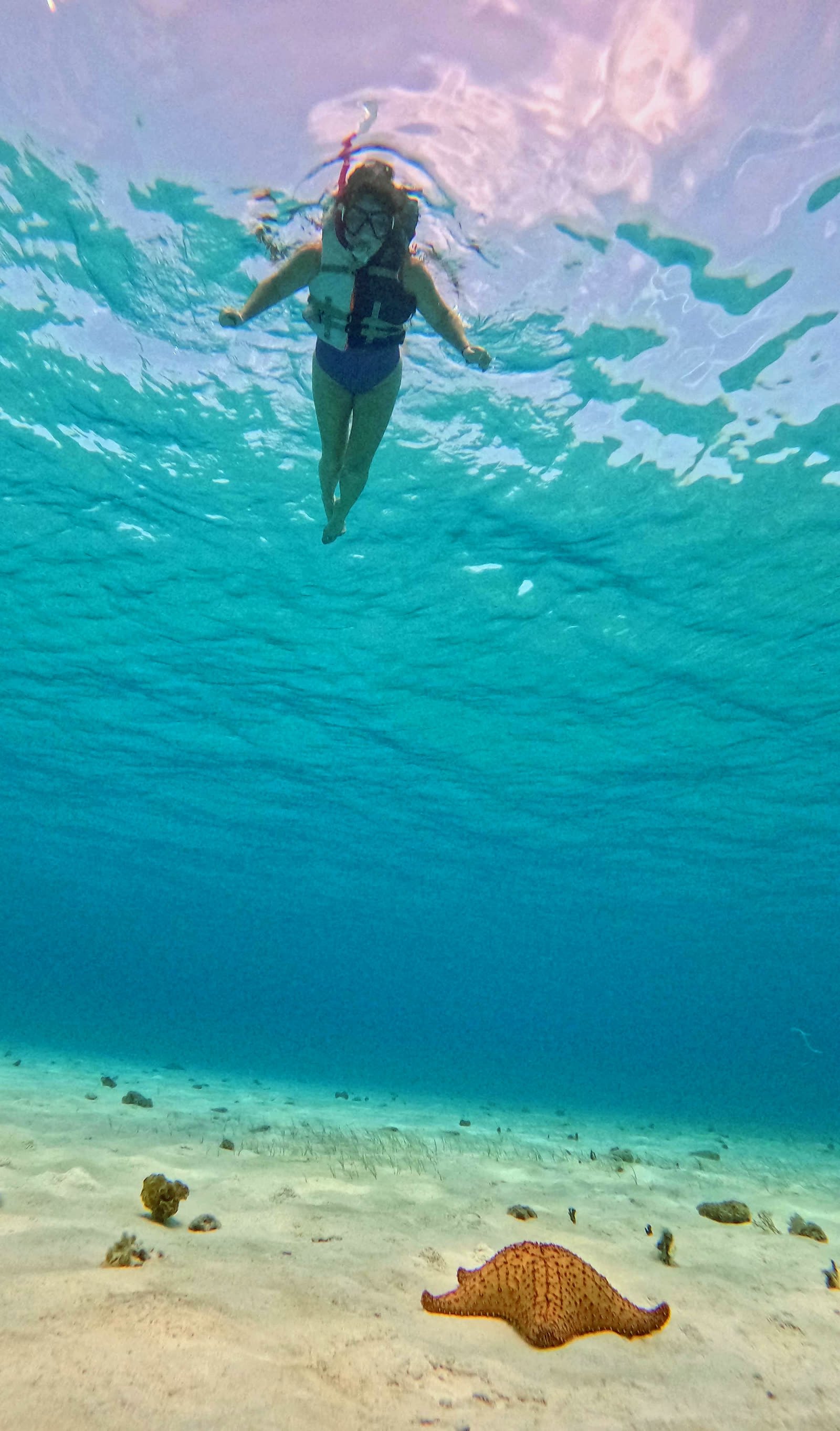 Snorkeling nad rozgwiazdą, turkusowa woda Cozumel